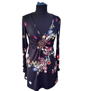 Eci Beige Black Floral Print Long Sleeve Mini Dress Jewel Detail 
Boho Hippie SM